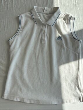 adidas White Sleeveless Polo Top with Light Blue Trim
